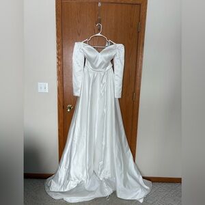 Ivory Satin Off-Shoulder Long Sleeve Bridal Gown